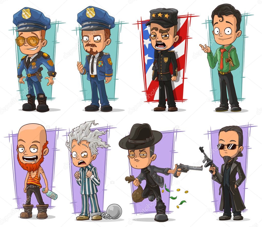 Cartoon policeman in uniform and gangsters character vector set