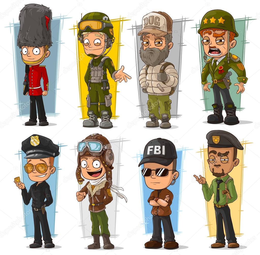 Cartoon soldier policeman agent and pilot character vector set