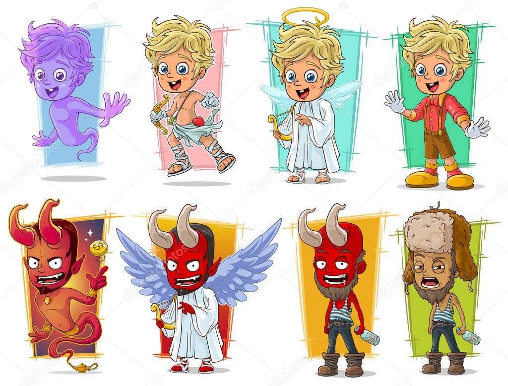 Cartoon little cupid angels and evil red demon character vector set