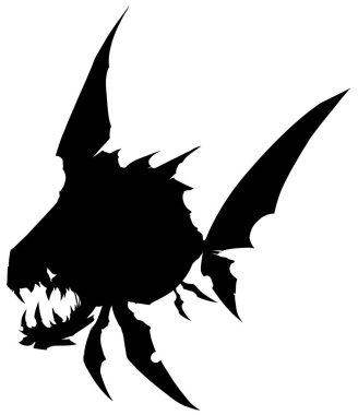 Siyah grafik siluet ince monster balık büyük dişleri ile