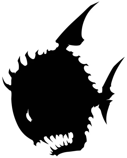 Zwarte grafische silhouet ronde monster vis met scherpe stekels — Stockvector