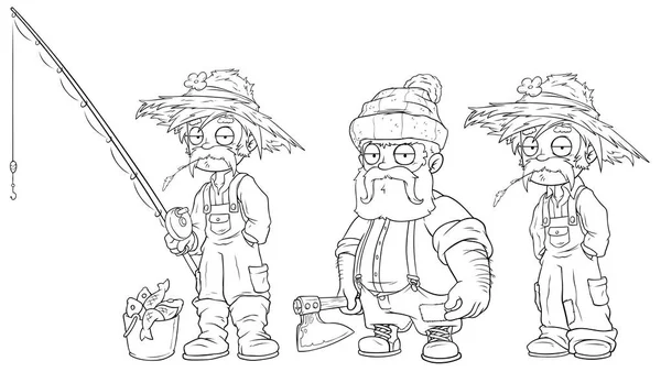 Caricatura pescador agricultor leñador carácter vector conjunto — Archivo Imágenes Vectoriales