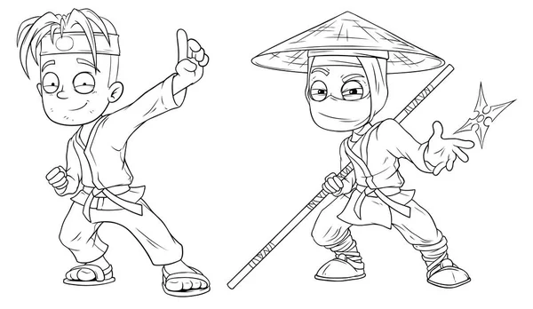 Cartoon karate pojke och ninja vektor teckenuppsättning — Stock vektor