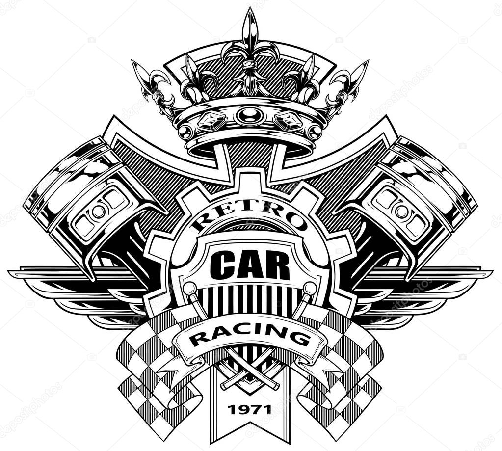 Black and white graphic coat of arms with crossed racing flag pistons royal diamond crown gear and wings vector
