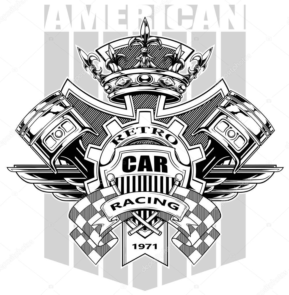 Graphic american coat of arms with gear and crown