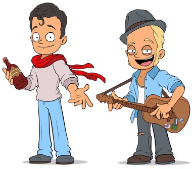 Çizgi film sokak müzisyeni gitar karakter kümesi ile