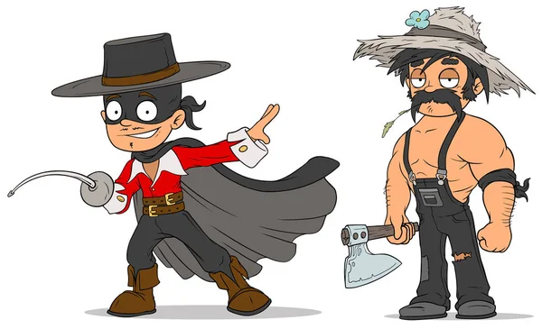 Dessin animé masqué héros et agriculteurs personnages ensemble — Image vectorielle