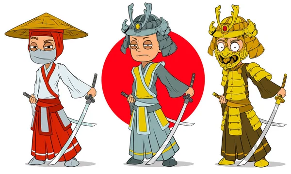 Dibujos animados samurai ninja con personajes de espada conjunto — Archivo Imágenes Vectoriales