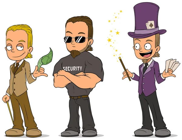 Mago dos desenhos animados e conjunto de personagens de segurança — Vetor de Stock
