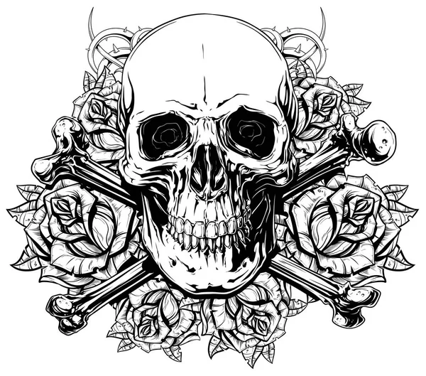 图形人类头骨和交叉的骨头和玫瑰 — 图库矢量图片