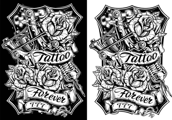 Graphic máquina de tatuaje en blanco y negro y rosas — Vector de stock