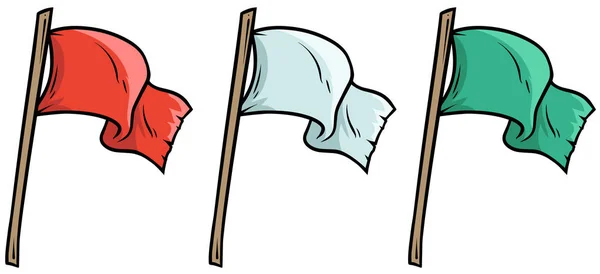 Banderas ondeadas de colores de dibujos animados en palo de madera — Vector de stock