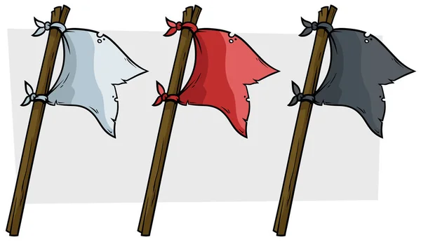 Bandeiras de piratas coloridas de desenhos animados em pau de madeira — Vetor de Stock