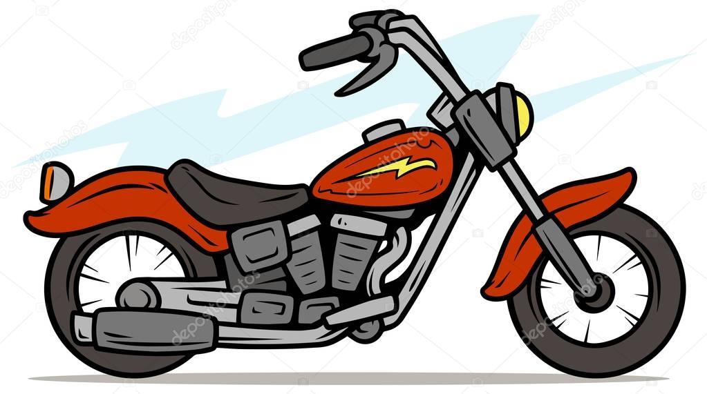 Cartoon retro red motorbike with yellow lightning. Vector icon.
