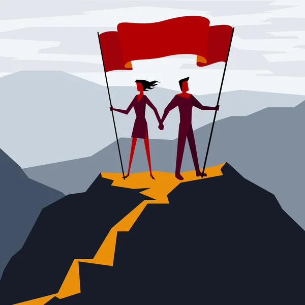 Homme et femme avec le drapeau sur le sommet d’une montagne — Image vectorielle