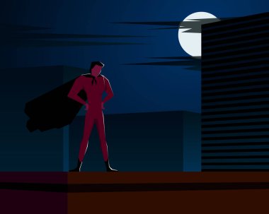 Süper kahraman çatıda gece şehir izlerken