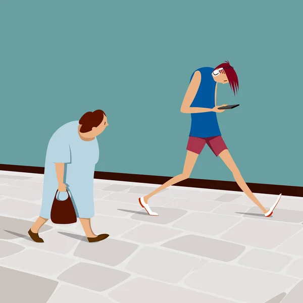 Ηλικιωμένη γυναίκα κοιτάζει ο νεαρός άνδρας που περπατά με το smartphone — Διανυσματικό Αρχείο