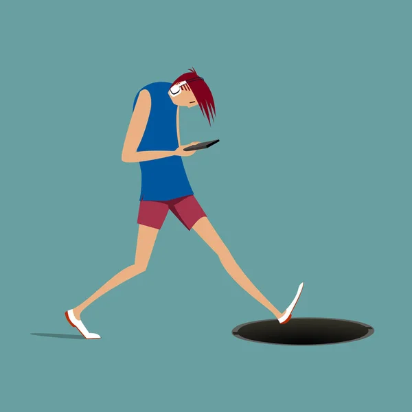 Jeune homme avec le smartphone et le casque marche et tombera dans la fosse — Image vectorielle