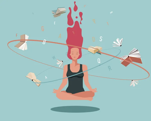 Mujer Meditando Postura Loto Con Libros Voladores — Vector de stock