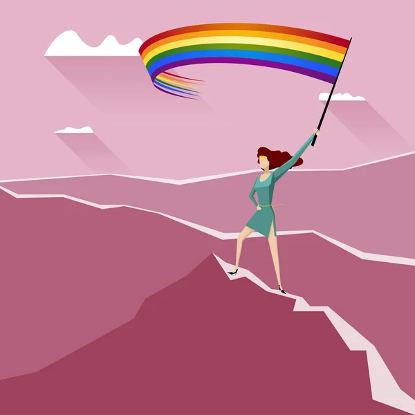 Mujer Con Bandera Lgbt Sobre Pico Montaña — Archivo Imágenes Vectoriales