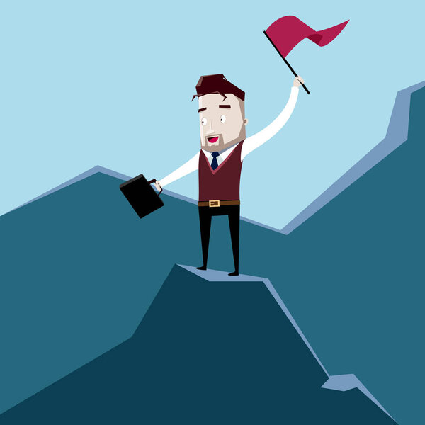 Businessman with flag on a Mountain peak, Business success concept