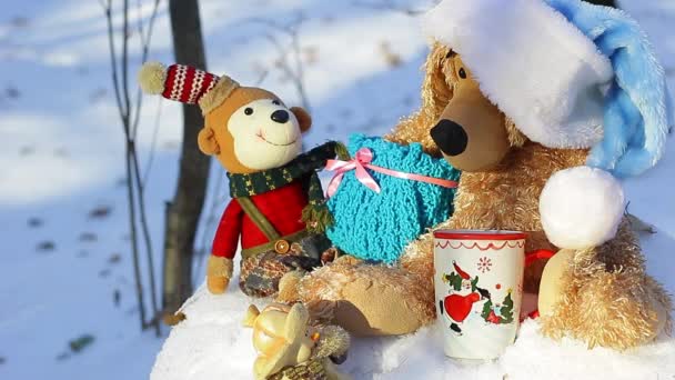 Christmas speelgoed met presenteert in het bos — Stockvideo