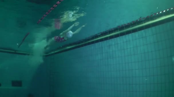 Podwodny widok dziewczyny-pływaczka. — Wideo stockowe