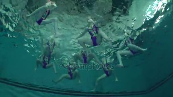 Подводный вид на Синхронное плавание. — стоковое видео