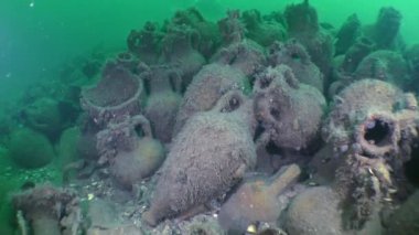 Çok sayıda deniz dibinin üzerinde antik Yunan amphoras.