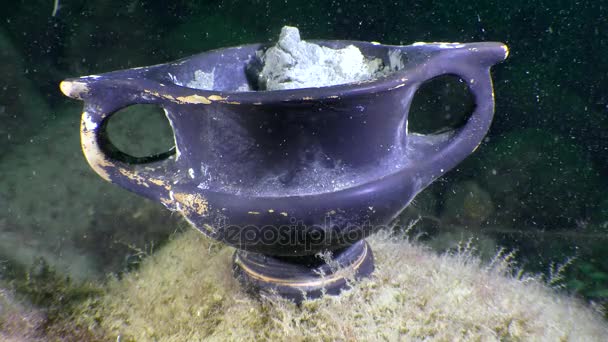 Archeologia podwodna: Starożytny grecki czarny glazurowana ware na dnie morza. — Wideo stockowe