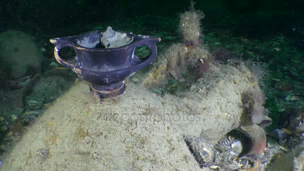 Underwater archeology: antika grekiska svart-glaserade ware på havsbotten, kantharos. — Stockvideo