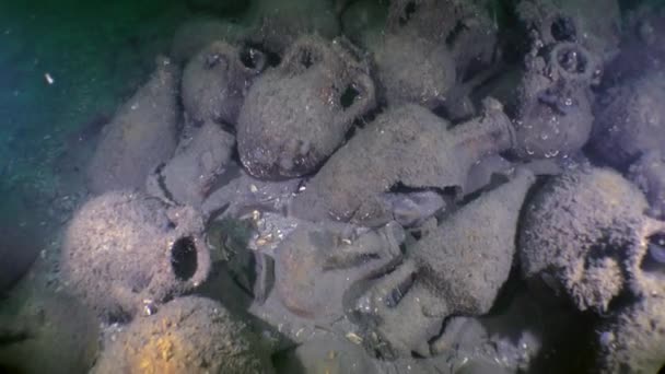 Plaats van de crash van het oude Griekse schip: een cluster van amforen op de zeebodem. — Stockvideo