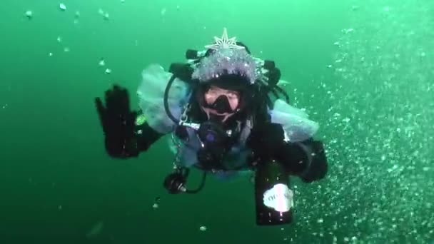 Divers joke: Christmas tree under water. — Stock Video