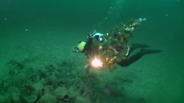 Arkeologiska dykare firar nyår under vattnet. — Stockvideo