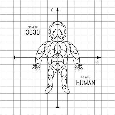 İnsan tasarımı. Taslak robot. Izgaralı vektör illüstrasyonu