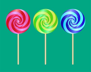 Renkli tatlı lolipop. Yeşil üzerine şeker konmuş vektör illüstrasyonu