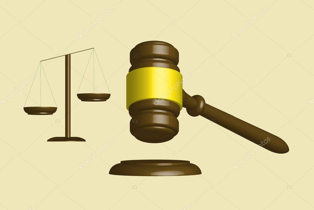 Judges gavel and scales of brown wood in 3D. Design