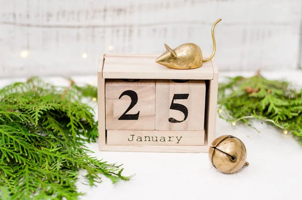 Čínský Nový Rok2020 Datum Ledna Dřevěném Kalendáři Kovovou Krysou Vánočním — Stock fotografie
