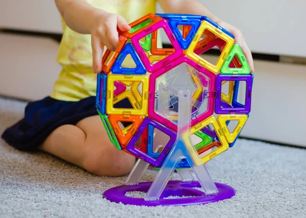 Kid Plays Magnetic Constructor Toy Little Child Girl Playing Colorful — Stock Photo, Image