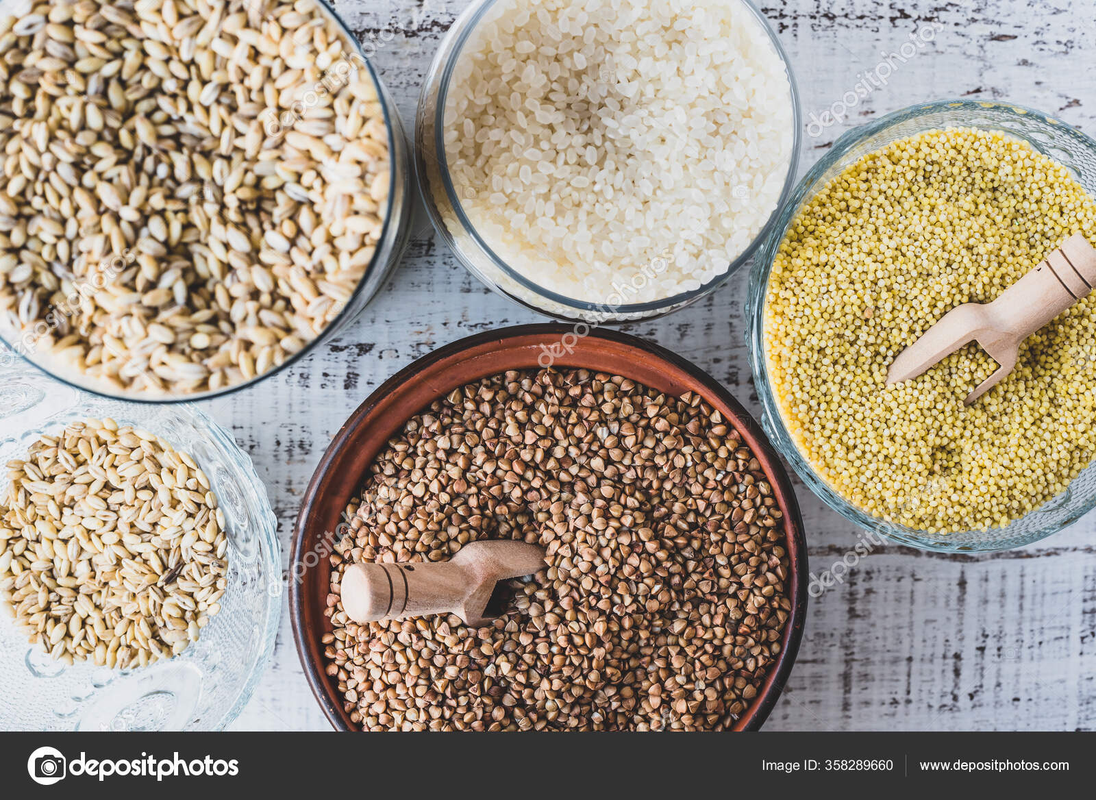 Different Types Gluten Free Cereals Millet Rice Buckwheat Stock Photo