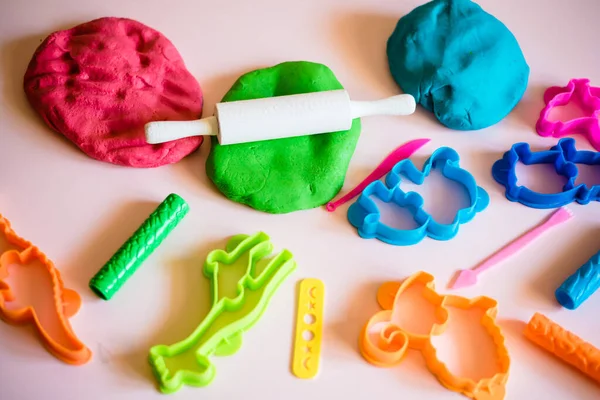 Child Hands Playing Colorful Clay Homemade Plastiline Plasticine Play Dough — Stock Photo, Image