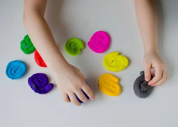 Child Hands Playing Colorful Clay Homemade Plastiline — Stock Photo, Image