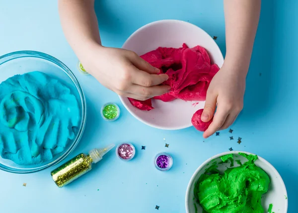 Child Hands Playing Colorful Clay Homemade Plastiline Plasticine Play Dough — Stock Photo, Image