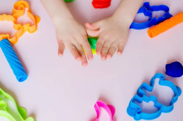Child Hands Playing Colorful Clay Homemade Plastiline Plasticine Play Dough — Stock Photo, Image