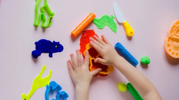 Child Hands Playing Colorful Clay Homemade Plastiline Girl Molding Modeling — Stock Photo, Image