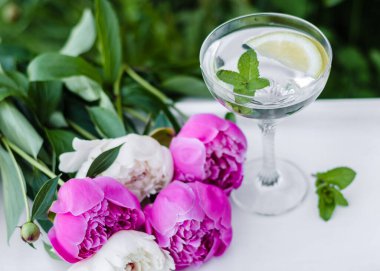 Mojito ve yaz çiçekleri. Nane, limon ve şakayıklı su ile güzel bir daire. Kapat.