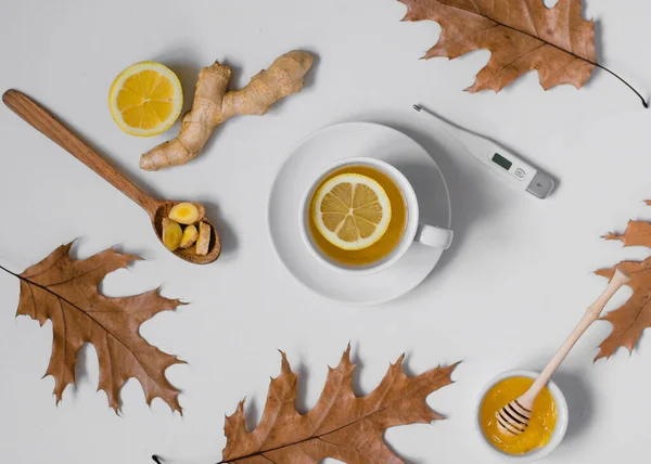 Flat Lay Tea Thermometer Ginger Honey Lemon White Background — Stock Photo, Image