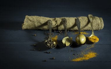 Bıldırcın yumurta bir kaşık ve baharatlar.