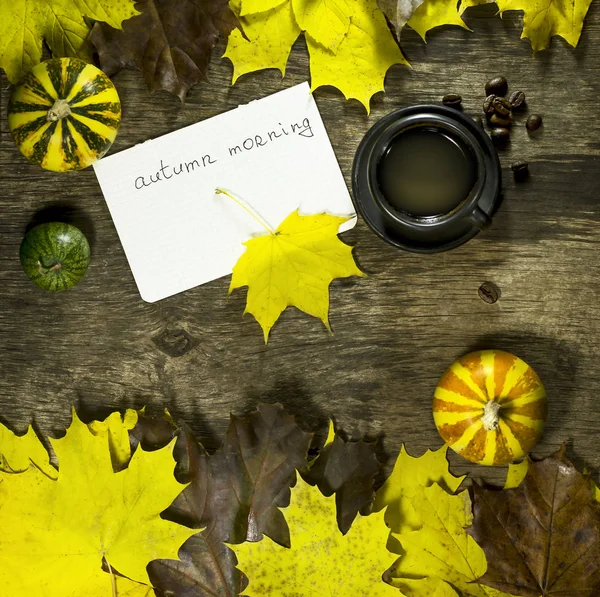 Feuilles d'automne colorées avec des citrouilles et une tasse de café — Photo