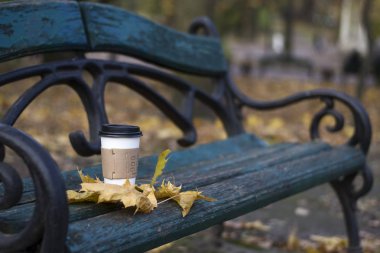 Güzel bir Bank üzerinde kağıt bardak kahve